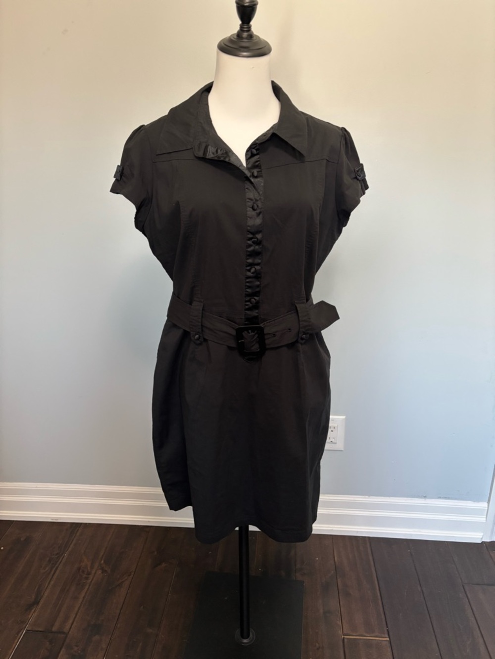 Button-Front Black Mini Shirt Dress with Self-Tie Belt